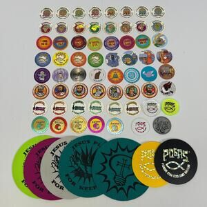 Vintage 90s Lot of 70 Christian Milk Caps Pieces Pogs Slammers Mats Jesus Bible